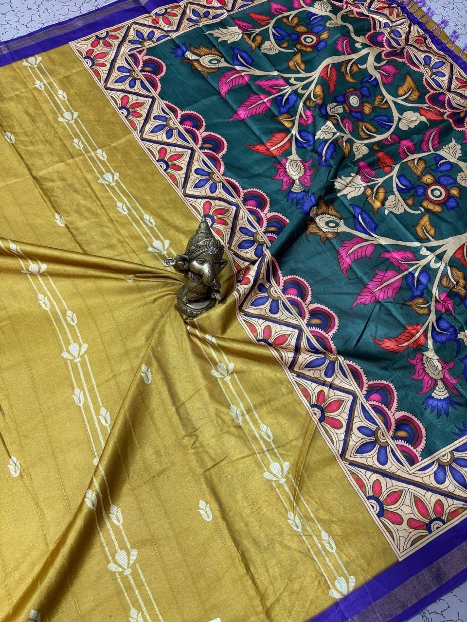 Grey Kalamkari Printed Pleat-Border & Pallu saree